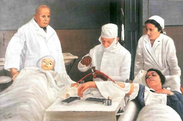   Eine Bluttransfusion im Jahre 1933 mit Hilfe der sogenannten Spritze von Jubé. Mit diesen schlichten Mitteln hat man für die Bluttransfusion zehn Minuten Zeit.